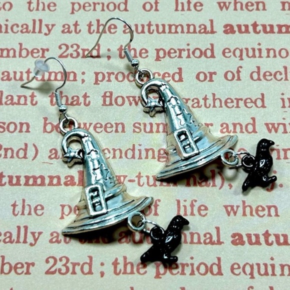 Handmade Halloween Sterling Silver Witch Hat & Crow Earrings! - Picture 1 of 4